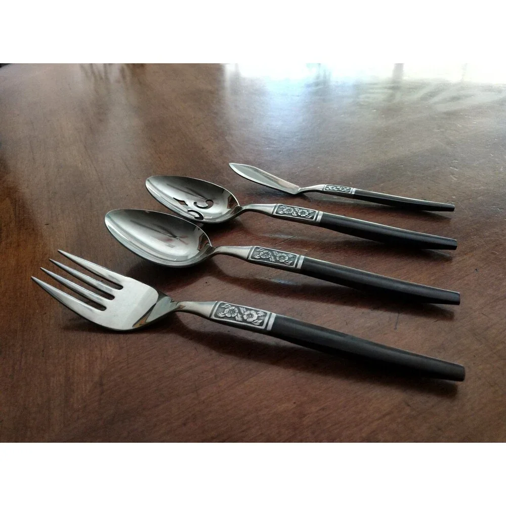 Lot 4x Serving Pieces Ekco Eterna La Joya Stainless Faux Wood Flatwar MCM EKS14